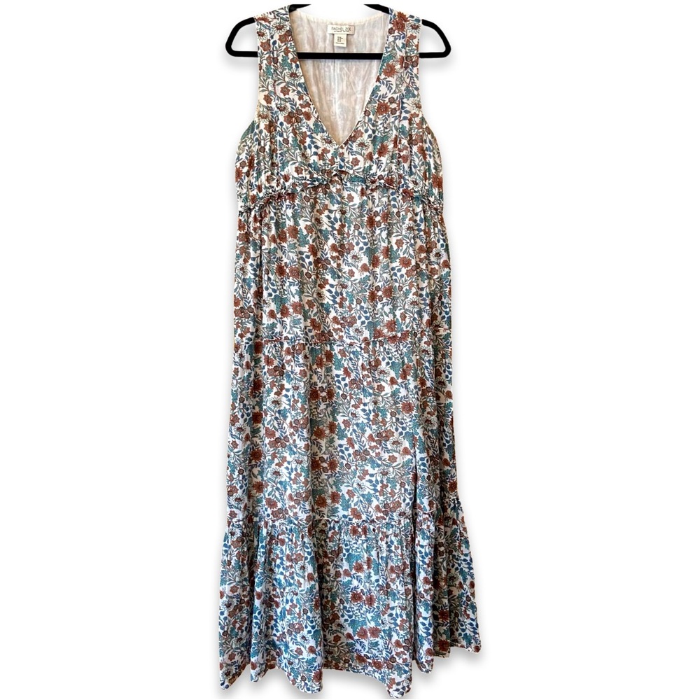 Teal green and brown floral summer spring sleeveless dress long tiered